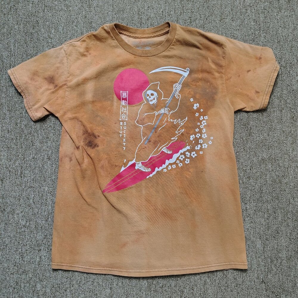RIOT SOCIETY Shirt Men M Bleach Dyed Grim Reaper Surfer Graphic Streetwear